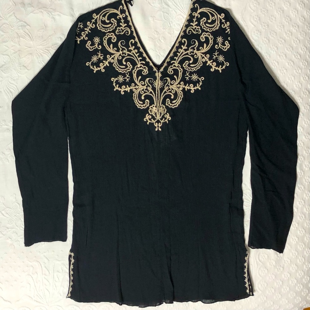 Lucky Brand Top NWT Embroidered Unique Tunic Black Long Sleeve Blouse Size Small